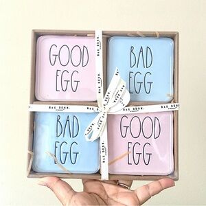 Rae Dunn Good Egg Bad Egg Pink and Blue Pastel Ceramic Easter Egg 4 Coasters Set